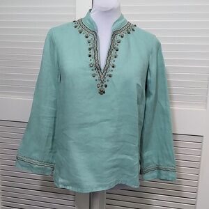 Rafaella Tunic Blouse Sage Green 100% Linen Beading Embroidered Womens 8 Petite